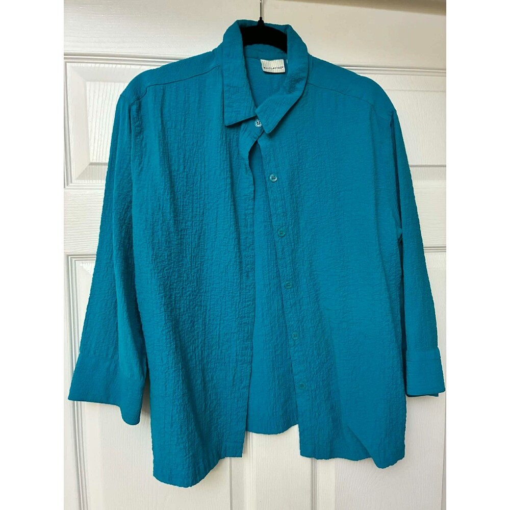 White Stag Teal Textured Blouse Women's M 3/4‎ Sleeve Button Front Top